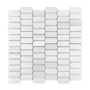 White dolomite mosaic tile with a subtle rectangular shape and softly beveled edges arranged in a horizontal stack.