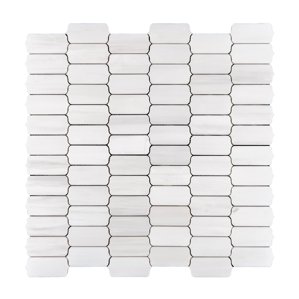 White dolomite mosaic tile with a subtle rectangular shape and softly beveled edges arranged in a horizontal stack.