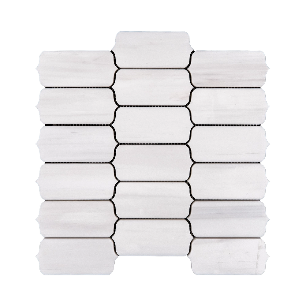 A white dolomite mosaic tile with a consistent rectangular pattern, neatly aligned in rows with slight variations in shading.