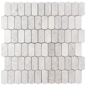 Top view of a Dorema Dolomite marble mosaic sheet featuring rectangular tiles with curved edges arranged in a brick-like pattern. The tiles have subtle icy veining on a light grayish background.