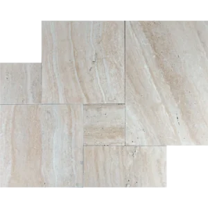 Desert Bloom beige tumbled travertine French Pattern tile set for outdoor use