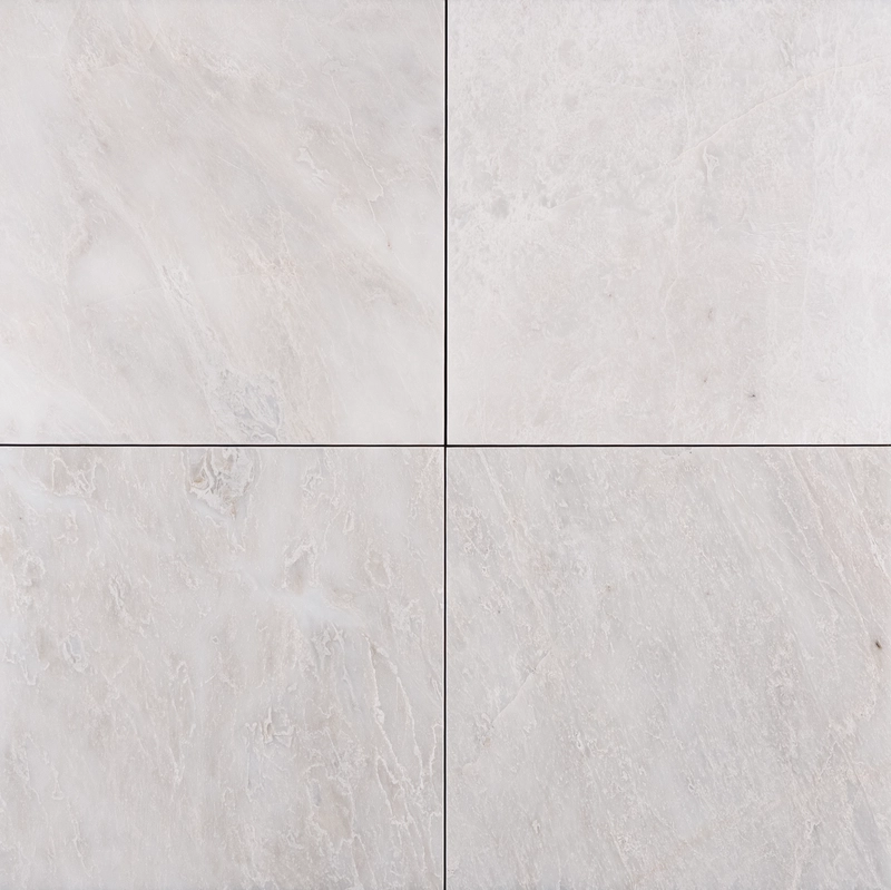 Polished Iceberg marble tiles in 12"x12" size with beveled edges displayed in a clean grid pattern.