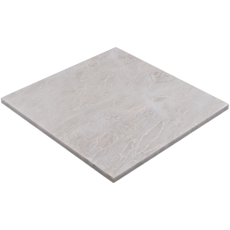 Angled view of the 12"x12" polished Iceberg marble tile with beveled edges, highlighting reflective finish and natural patterns.
