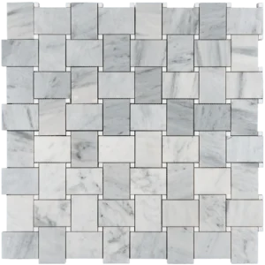 Polished Carrara marble large basketweave mosaic tile featuring interlocking rectangular pieces with a luxurious, glossy finish.