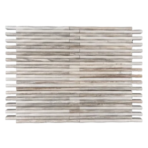 Lilium Palissandro Polished Mosaic Tile featuring dimensional linear rods in warm gray and beige tones with a smooth, refined finish.