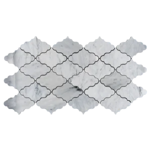 Overhead view of OLEA marble mosaic tile sheet in white Carrara, showing symmetrical interlocking design.