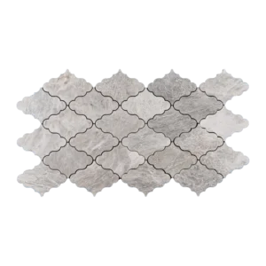 White Iceberg marble mosaic tile sheet with an arabesque pattern, featuring subtle veining and smooth polished finish.