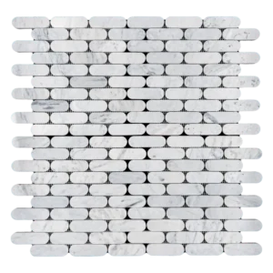 Polished Carrara marble Petit Beurre mosaic tile sheet featuring rectangular pieces arranged in a modern pattern.