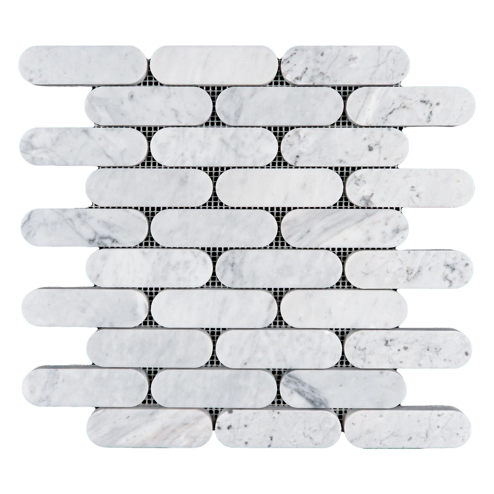 Close-up of Petit Beurre polished Carrara marble mosaic tile, highlighting its glossy finish and delicate gray veining.