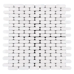 Polished Dolomite Petit Beurre mosaic tile sheet with small rectangular pieces in a white and subtle gray tone.