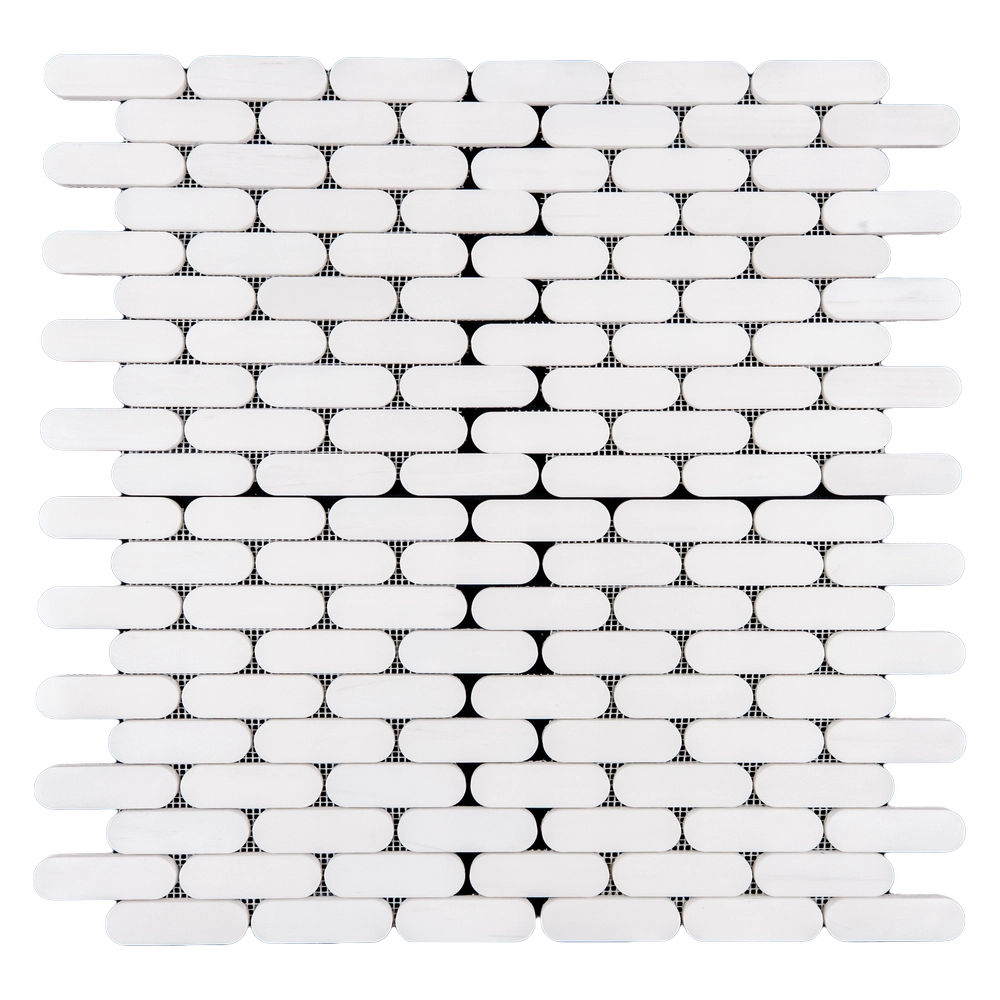 Polished Dolomite Petit Beurre mosaic tile sheet with small rectangular pieces in a white and subtle gray tone.