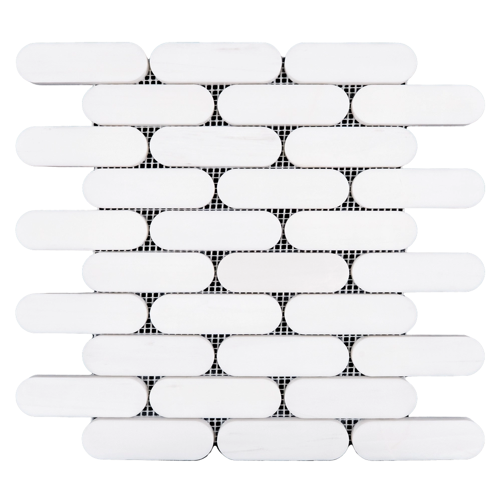 Close-up view of Dolomite Petit Beurre polished mosaic tile showing its clean lines and glossy finish.