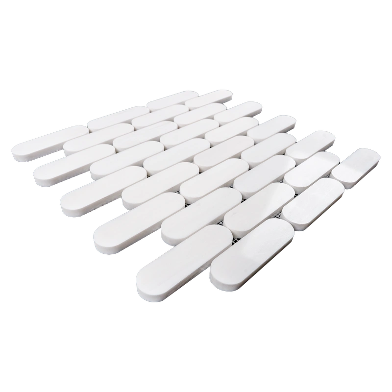 Angled view of polished Dolomite Petit Beurre mosaic tile sheet showcasing a crisp and elegant look.