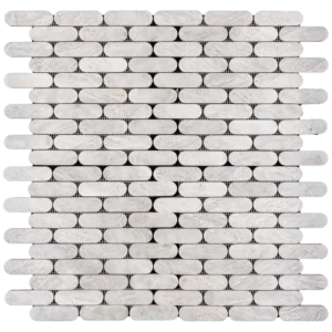 Top view of a Petit Beurre Carrara Polished marble mosaic sheet with interlocking rounded edge rectangular shapes.