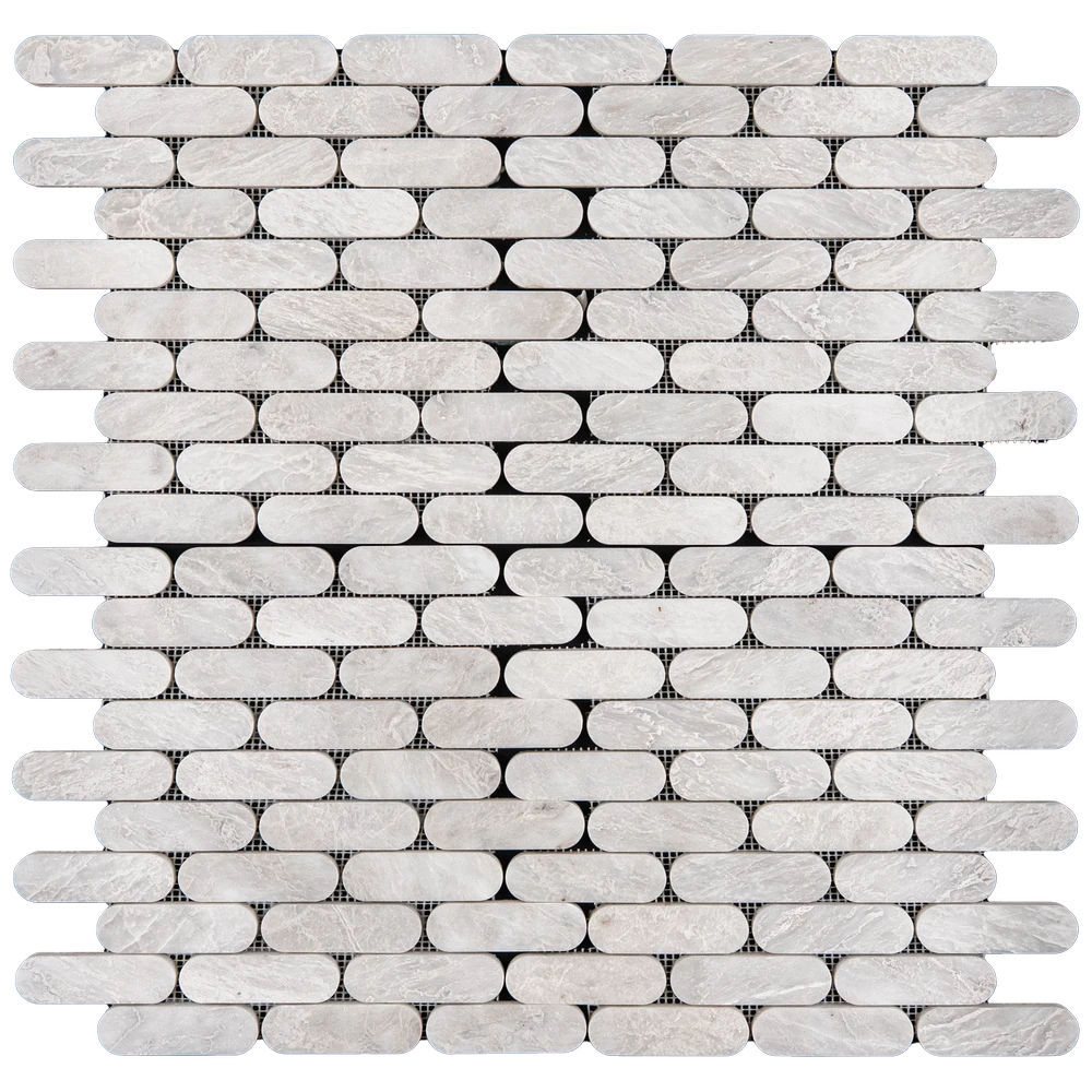 Top view of a Petit Beurre Carrara Polished marble mosaic sheet with interlocking rounded edge rectangular shapes.