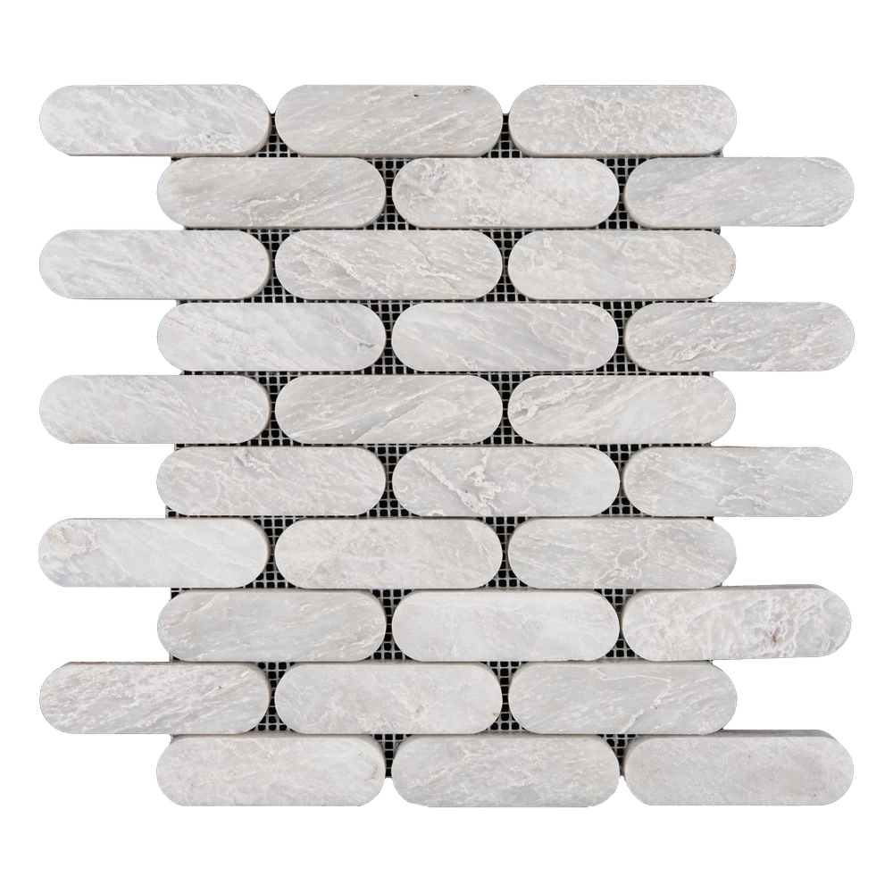 Close-up view of a Petit Beurre Carrara Polished marble mosaic, highlighting the smooth, glossy finish.