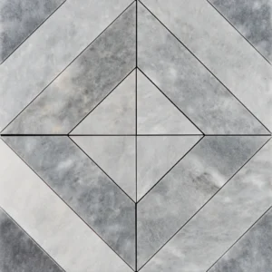 Top view of Piela Bardiglio Polished marble mosaic tile sheet featuring a bold geometric diamond pattern with diagonally cut light and dark grey marble pieces.