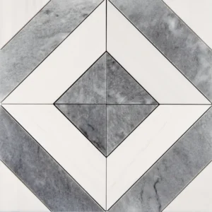 Overhead view of a marble mosaic tile sheet featuring a symmetrical diamond pattern formed by alternating white and gray marble pieces, each precisely cut and polished, with subtle gray veining adding depth and dimension to the overall geometric composition.