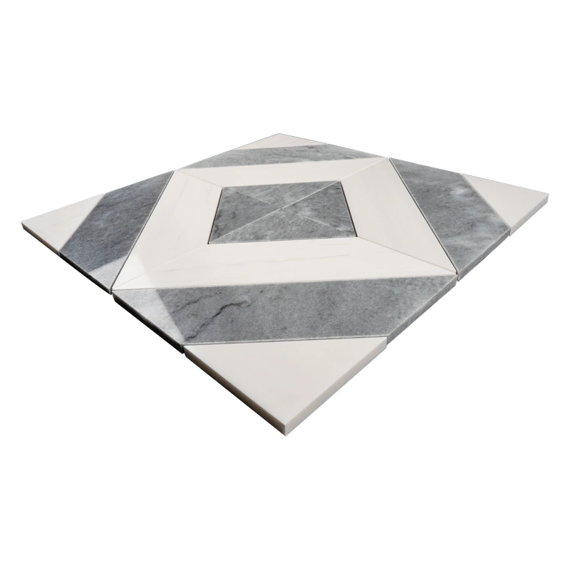 A high-resolution image of a white and gray marble mosaic tile sheet with a diamond configuration. Each tile is expertly crafted, with crisp lines and polished surfaces that accentuate the interplay between the icy white background and the intricate gray veining, creating a refined visual rhythm.