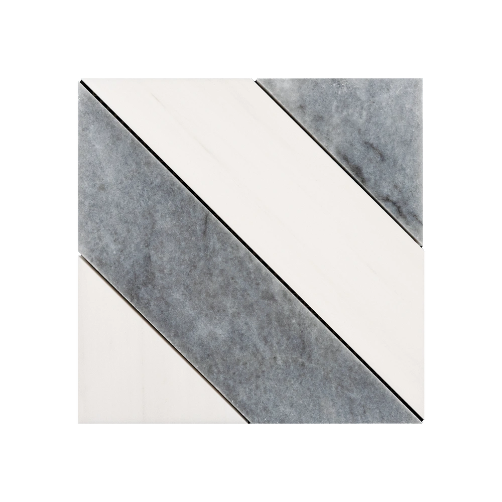 Close-up top view of an elegant marble mosaic tile sheet, showcasing a repeating diamond arrangement with interlocking white and gray marble segments. The polished surface highlights the unique veining and texture, creating a visually captivating interplay of shapes and colors.