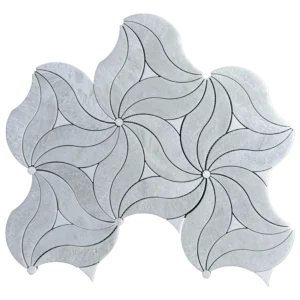 Full sheet image of Rio Iceberg Dolomite mosaic tile featuring flowing floral pattern