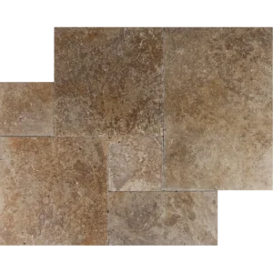 Romano Blend travertine combines earthy walnut, taupe, and mocha tones in a rustic tumbled French pattern layout. A timeless choice for patios, pool decks, and Mediterranean-style interiors.