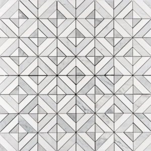 A white and gray geometric marble mosaic featuring diamond shapes interlocked with small triangular accents. The pattern creates a contemporary, symmetrical design with contrasting gray and white tones.