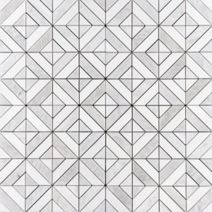 A white and gray geometric marble tile design, showcasing a repeating pattern of diamonds and triangles. The polished surface and natural veining add texture and dimension.