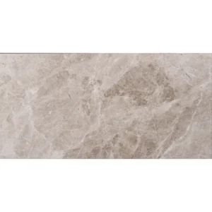 Close-up view of the edge detail on a Silver Diamond marble tile with a polished finish and straight edge.