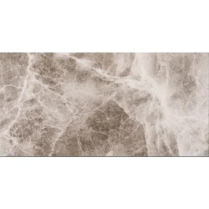 Overhead view of a single Silver Diamond 12"x24" polished marble tile showcasing intricate veining patterns in beige and gray tones.