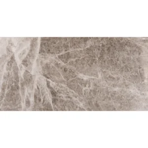 Flat lay photo showing the natural veining and soft taupe tones of a Silver Diamond 18"x36" honed marble tile.