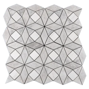 Top-down view of Trillium polished marble mosaic tile made from Dolomite, Milas White, and Iceberg marble in a starburst geometric layout.
