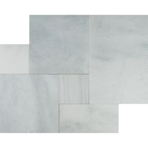 Ice White Marble in French Pattern layout features cool grey-white tones and a textured leather finish.