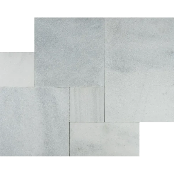 Ice White Marble in French Pattern layout features cool grey-white tones and a textured leather finish.