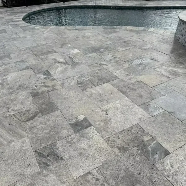 Tuscan Silver Mix Tumbled Travertine Pavers – French Pattern Elegance - Image 3
