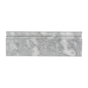 Frontal view of Bardiglio baseboard trim in polished marble with soft grey veining