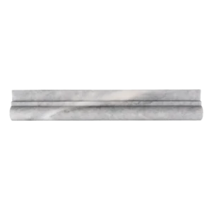 Front view of Bardiglio polished marble chair rail with soft grey veining and classic profile