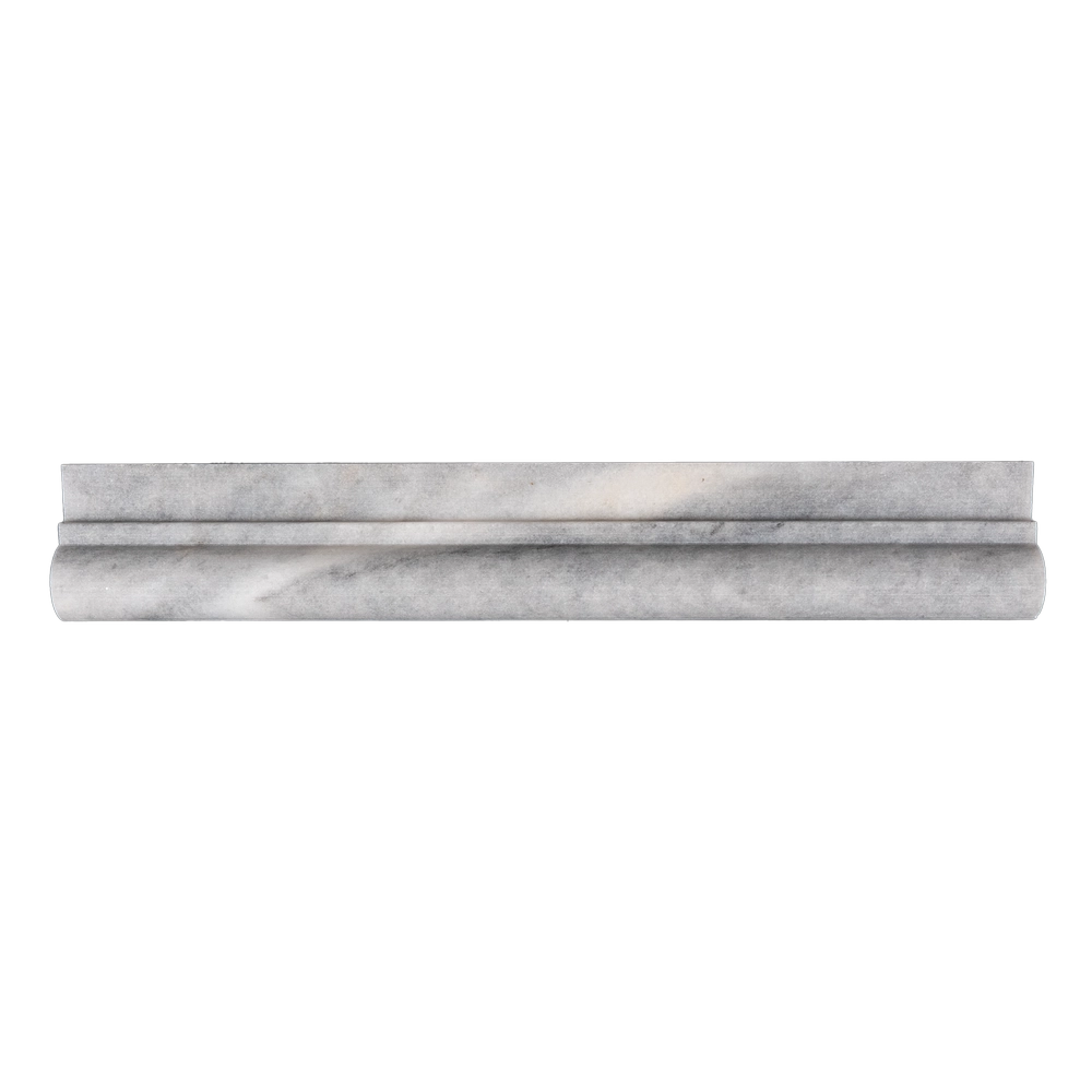 Front view of Bardiglio polished marble chair rail with soft grey veining and classic profile