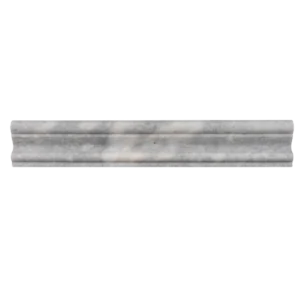 Straight-on view of Bardiglio marble crown molding – soft gray tones with polished finish