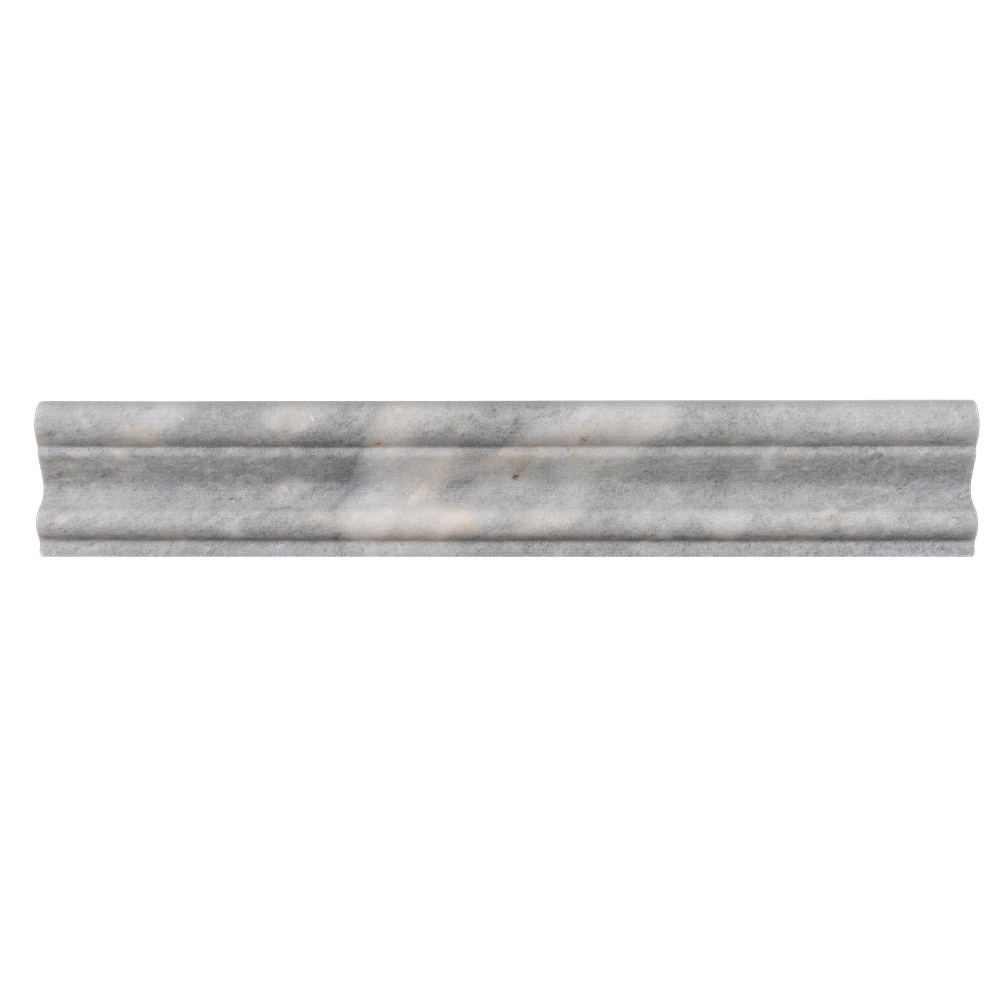 Straight-on view of Bardiglio marble crown molding – soft gray tones with polished finish