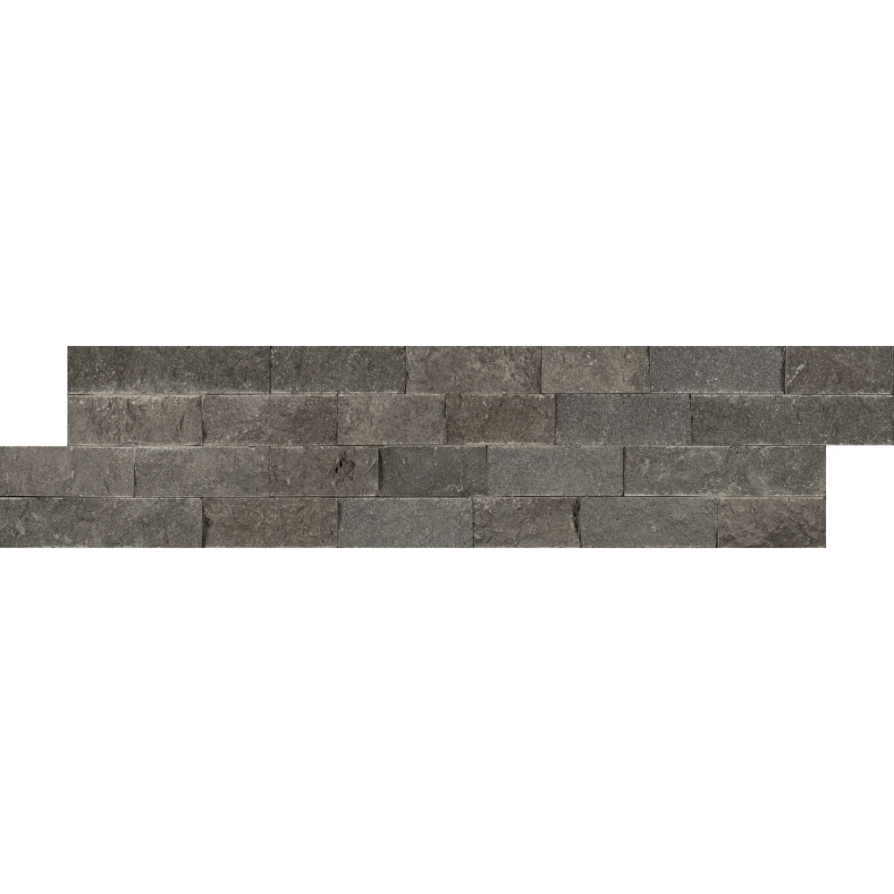Basalt 6x24 splitface ledgestone panel – black veining natural stone wall cladding with staggered edges and rugged texture