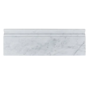 Front-facing image of Carrara polished marble baseboard trim with soft veining.