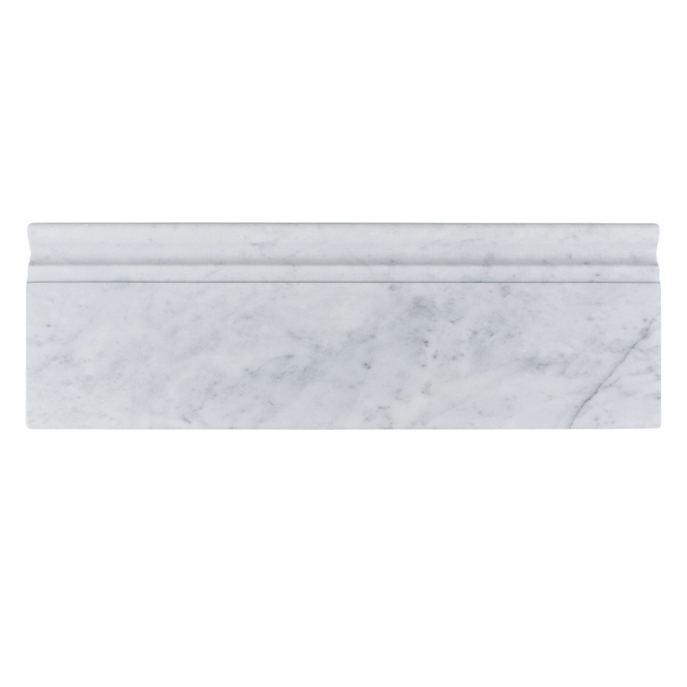 Front-facing image of Carrara polished marble baseboard trim with soft veining.