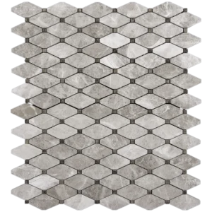 Clipped diamond mosaic tile in beige polished marble with dark accent dots, full sheet top view.