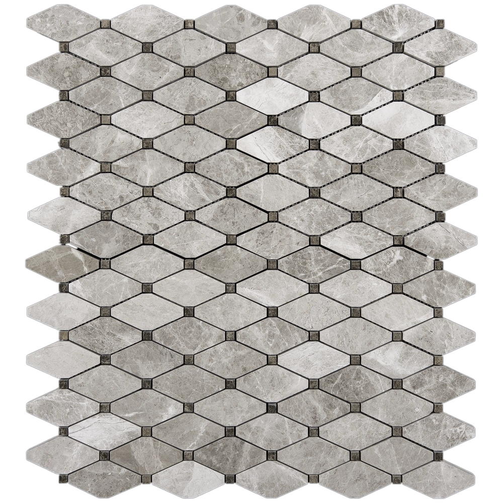 Clipped diamond mosaic tile in beige polished marble with dark accent dots, full sheet top view.