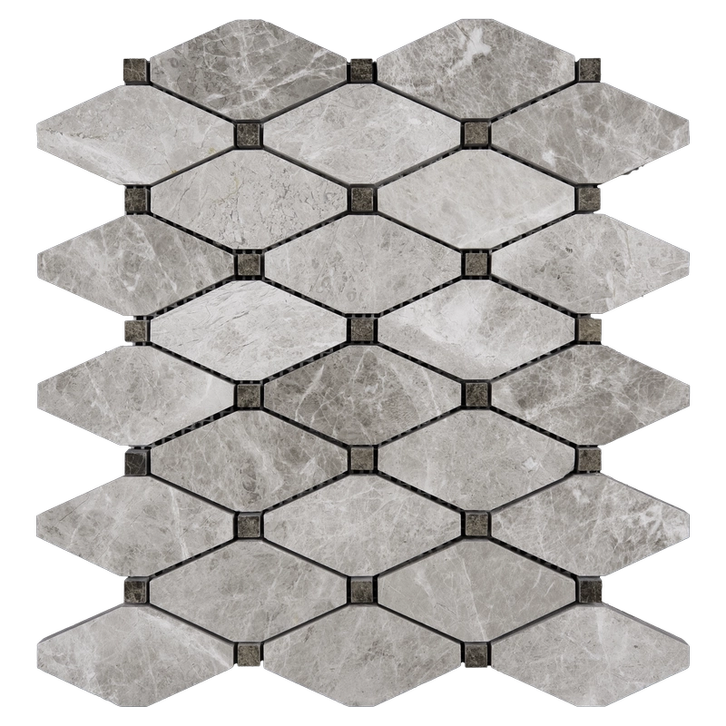 Front view of beige diamond-shaped polished marble mosaic tile with clipped corners and dark joints.