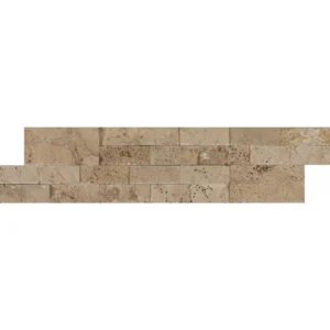 Ivory travertine 6x24 splitface ledgestone panel in warm beige tones for rustic vertical wall design