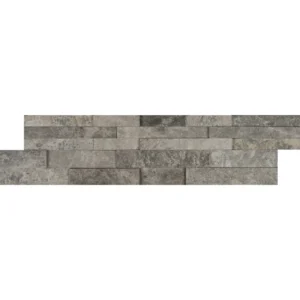 Silver Mist 6x24 gray marble ledgestone panel with 3D surface, showcasing staggered rectangular layout and rich veining