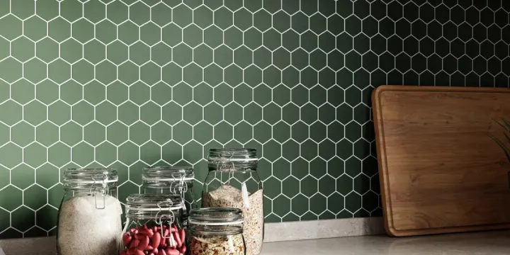 green mosaic tile backsplash