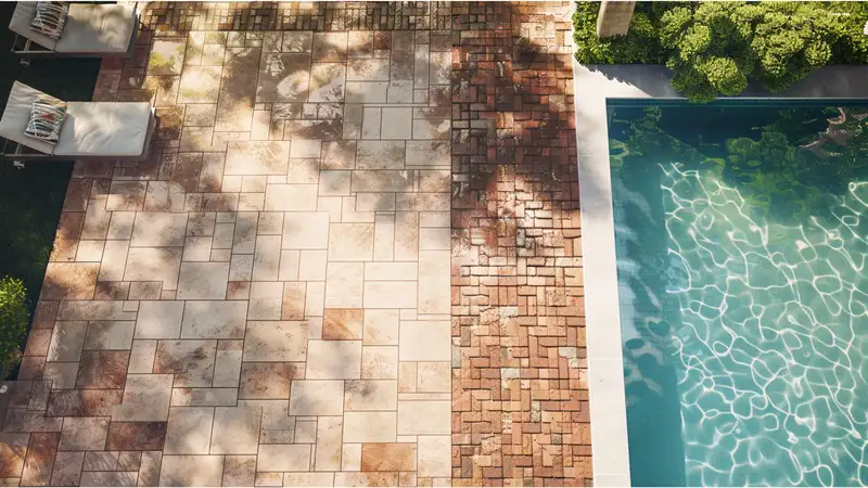 Side-by-side comparison of travertine and brick pavers around a pool deck